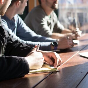 people talking at table